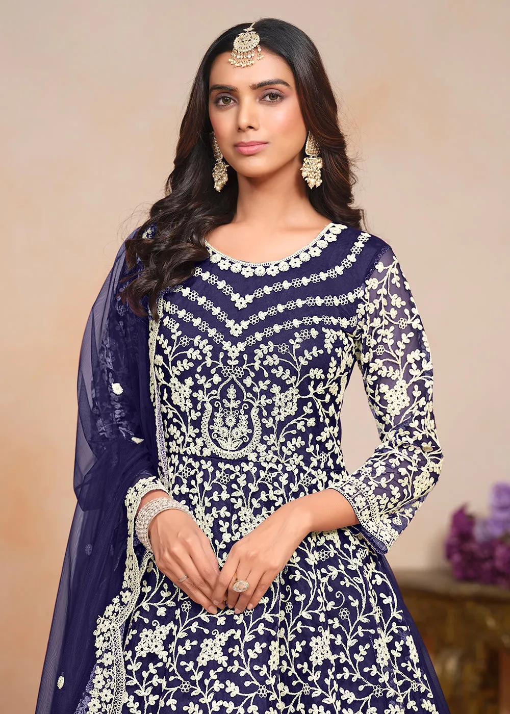 Festive Navy Blue Embroidered Net Designer Anarkali Dress