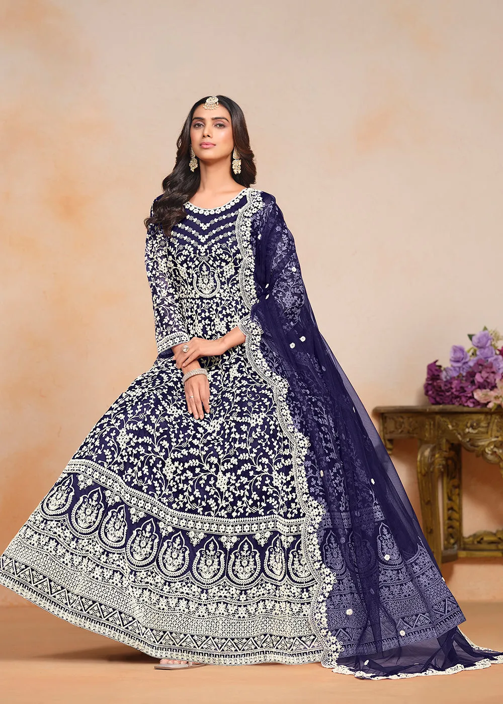 Festive Navy Blue Embroidered Net Designer Anarkali Dress