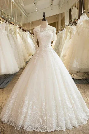 Floor Length Applique Ball Gown Off the Shoulder Lace Tulle 1/2 Sleeves Wedding Dresses