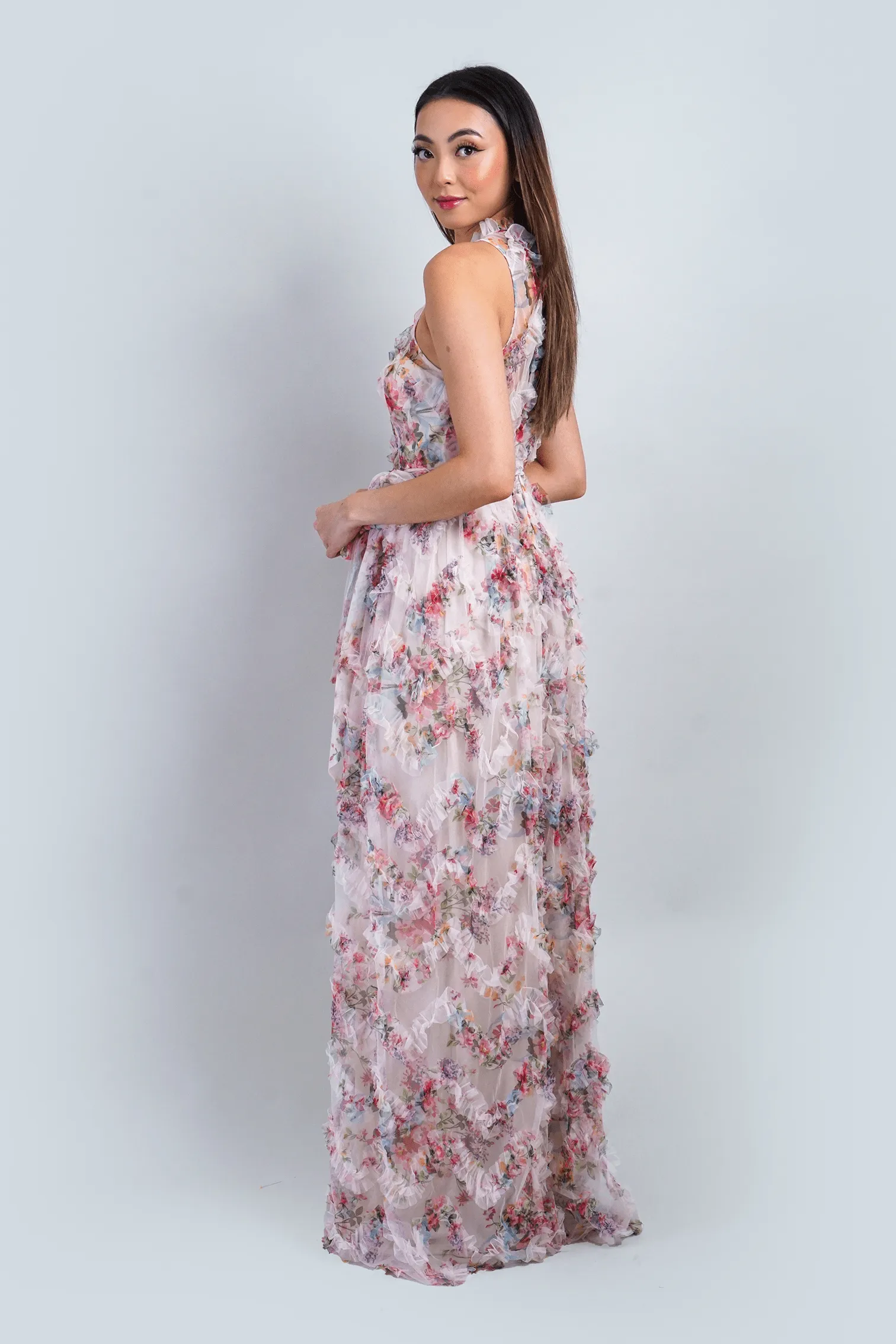 Floral Ruffle Trim Halter Gown