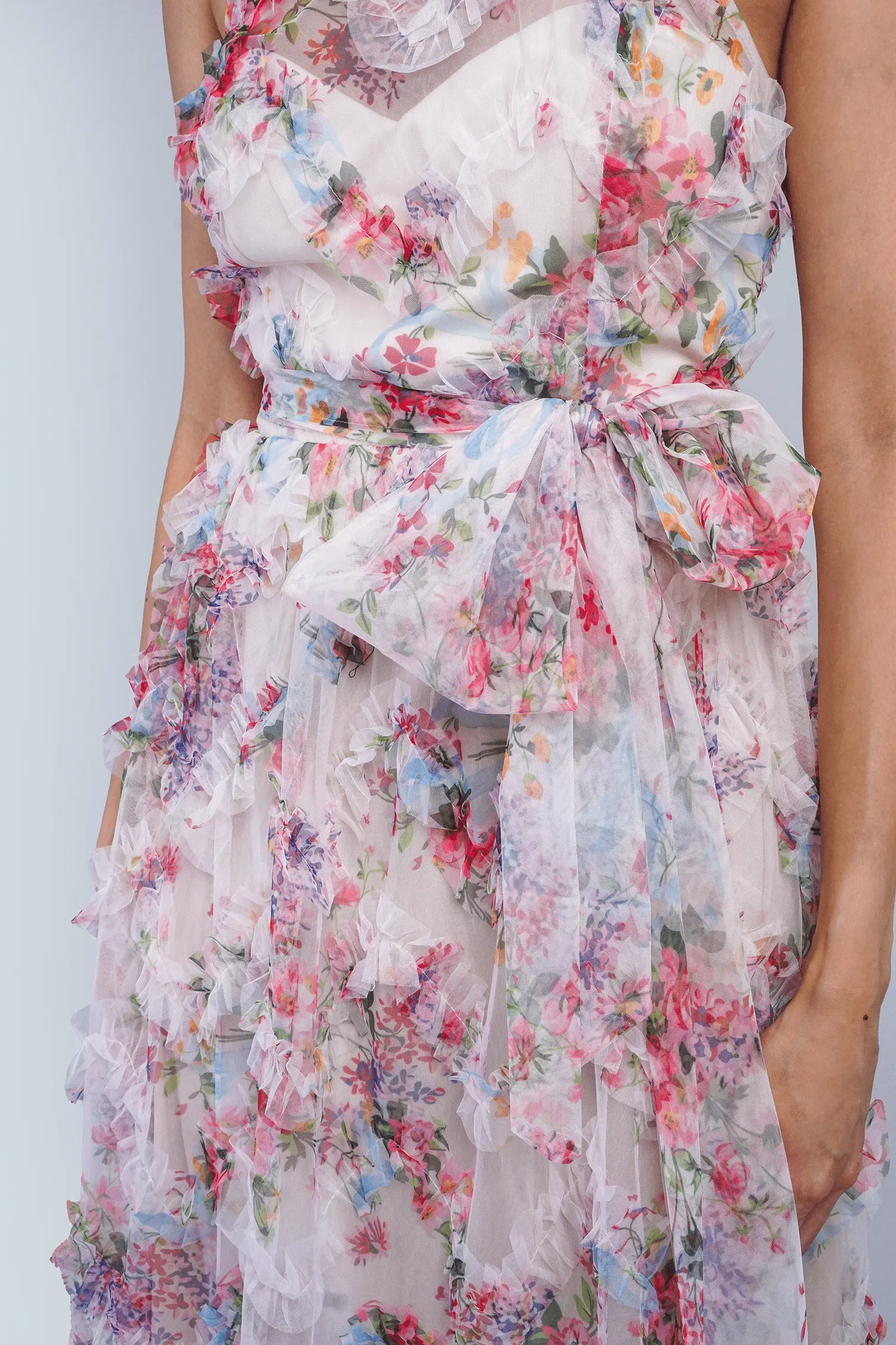 Floral Ruffle Trim Halter Gown