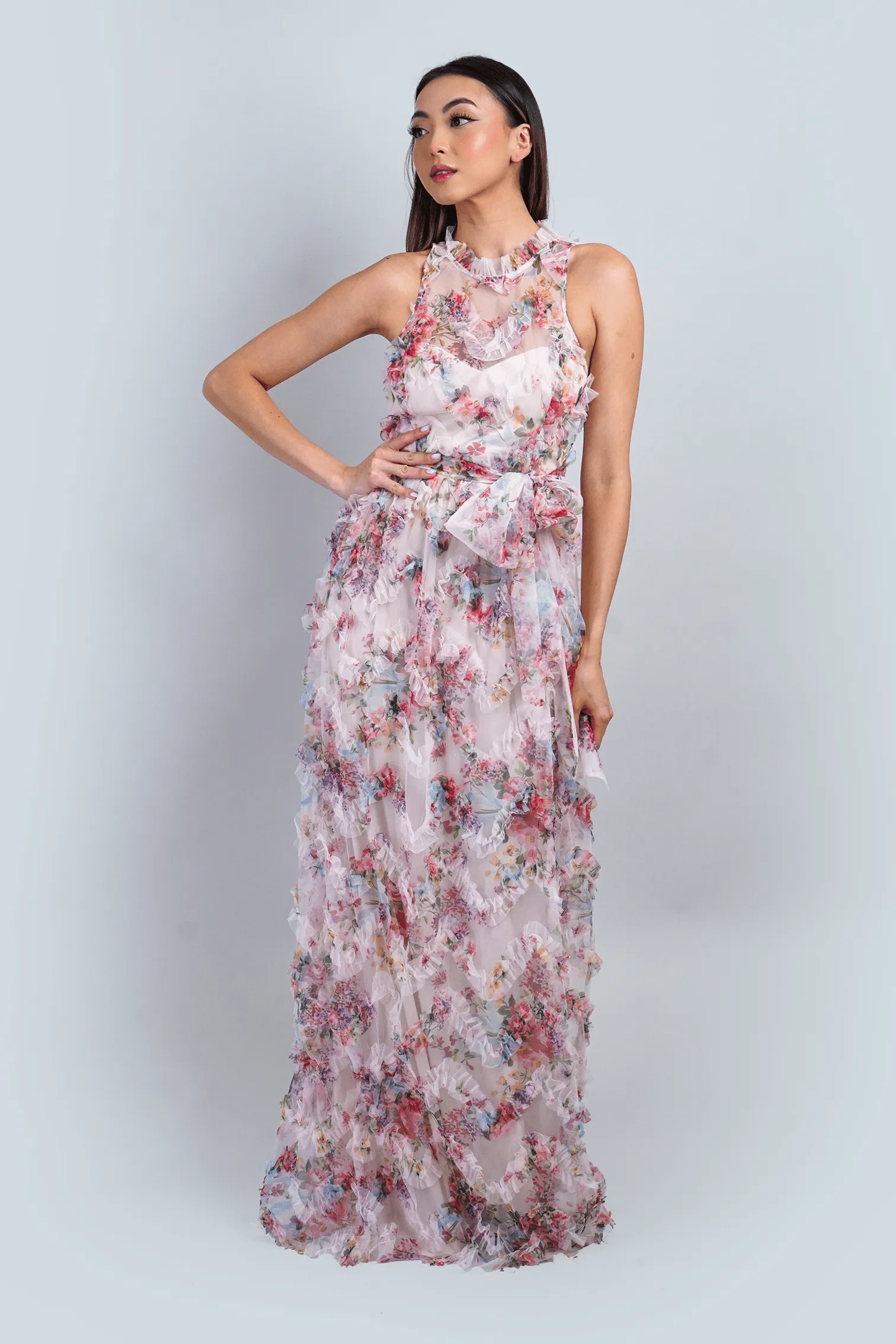 Floral Ruffle Trim Halter Gown