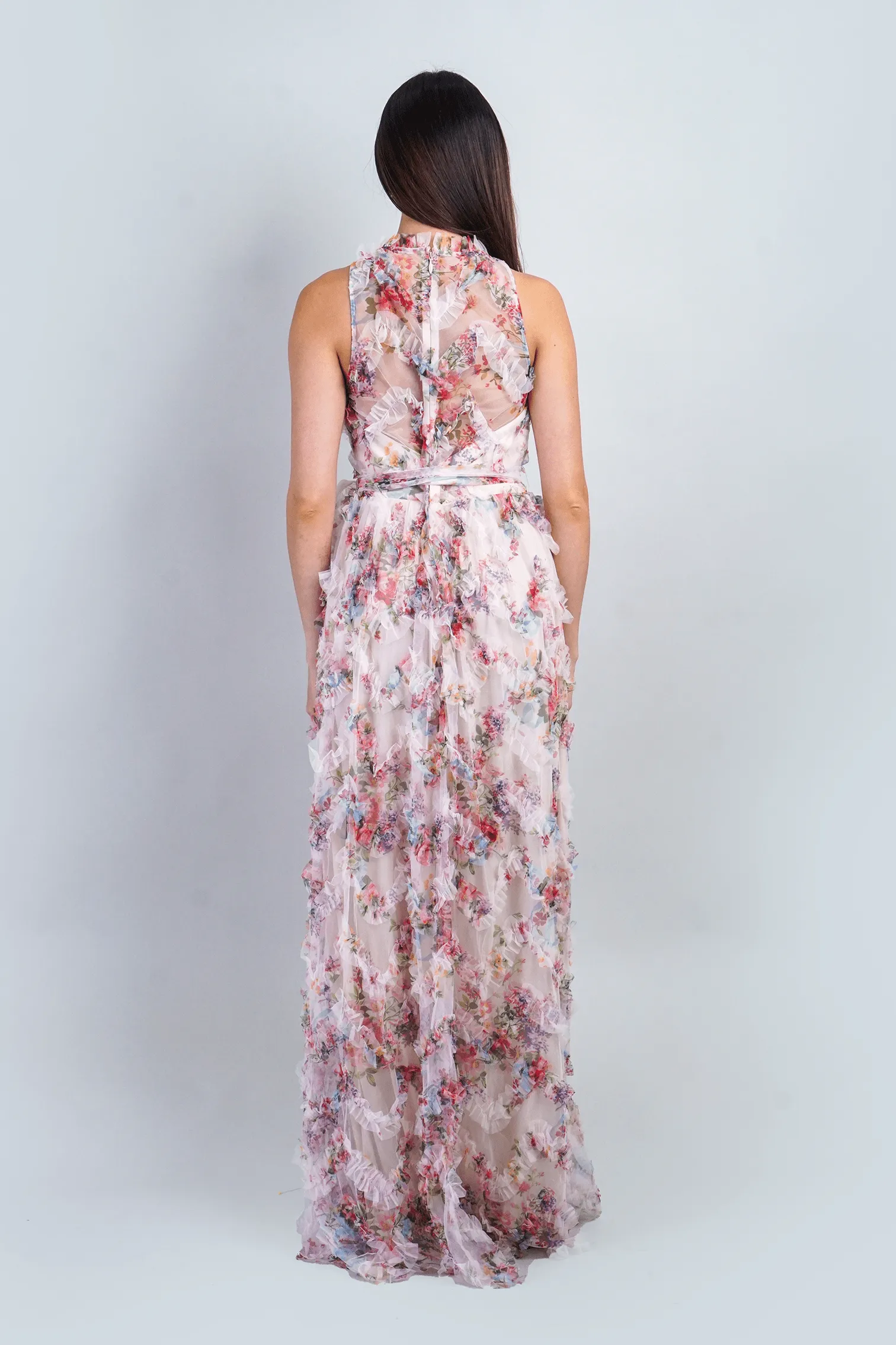 Floral Ruffle Trim Halter Gown