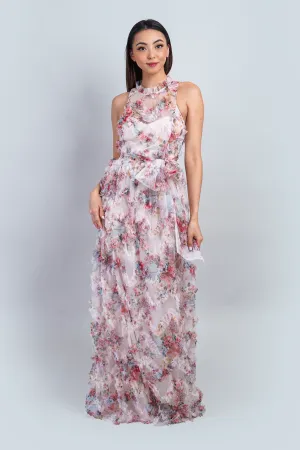 Floral Ruffle Trim Halter Gown