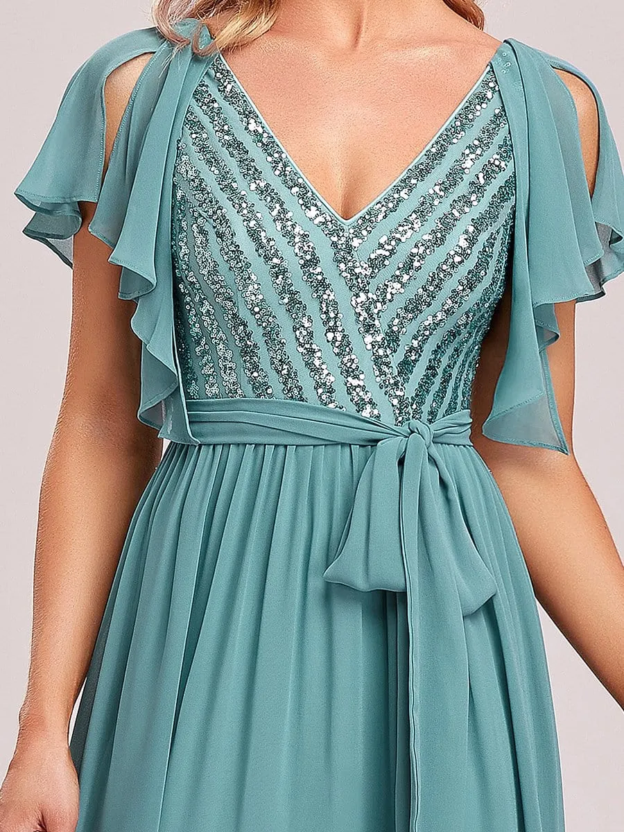 Flutter Sleeve Tie-Waist Sequin A-Line Bridesmaid Dress