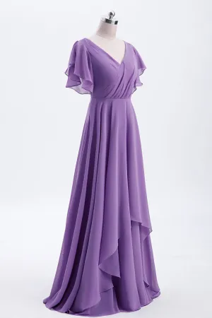 Flutter Sleeves Lavender Chiffon A-line Long Bridesmaid Dress