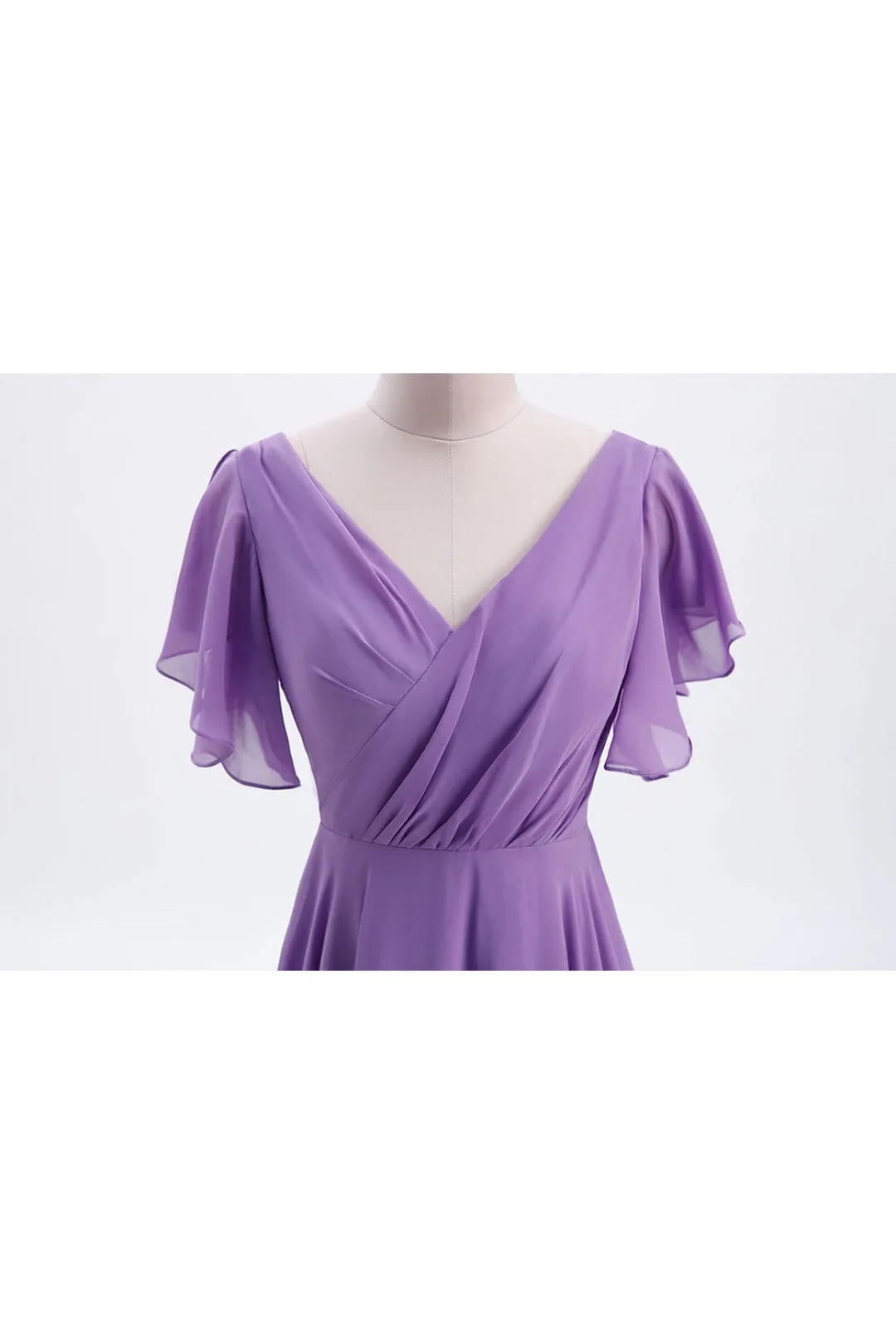 Flutter Sleeves Lavender Chiffon A-line Long Bridesmaid Dress