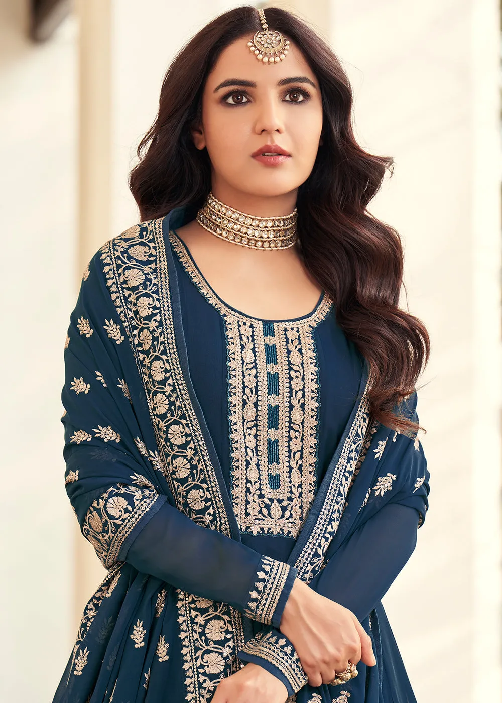 Georgette Navy Blue Embroidered Indian Long Anarkali Dress