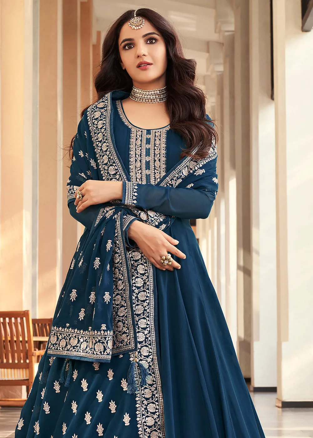 Georgette Navy Blue Embroidered Indian Long Anarkali Dress