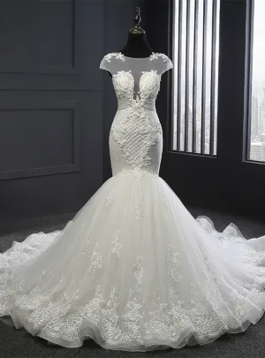 Glamorous Wedding Dresses Mermaid Wedding Dress Appliques Scoop Neck