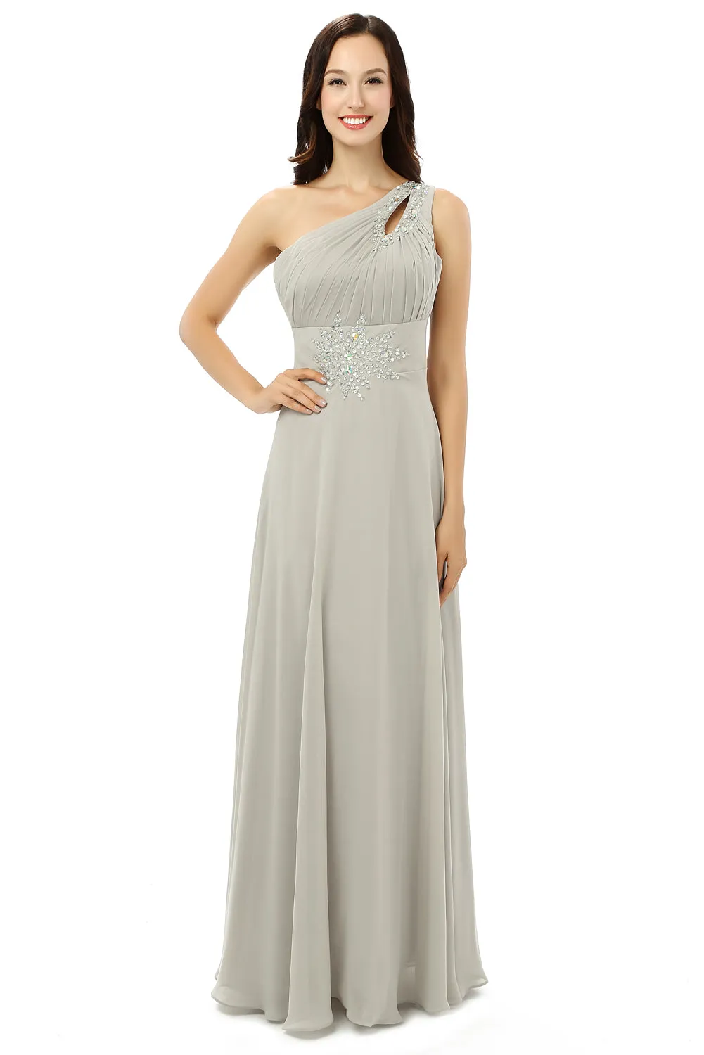 Grey One Shoulder Chiffon Pleats Beading Bridesmaid Dresses LG0254