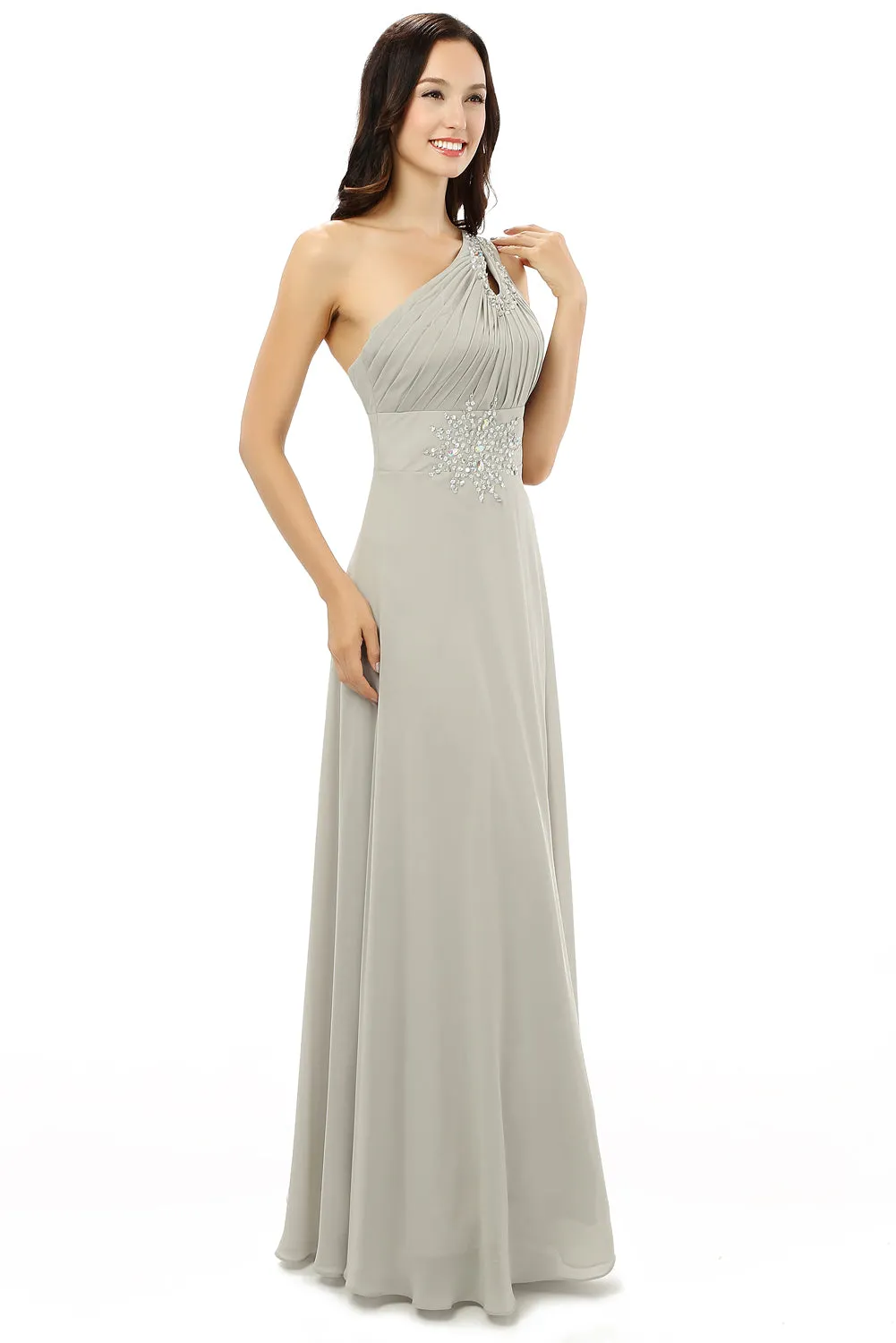 Grey One Shoulder Chiffon Pleats Beading Bridesmaid Dresses LG0254