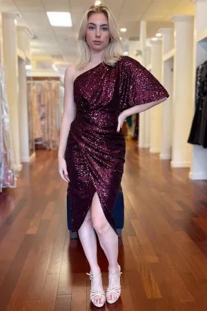 High-Low Burgundy Sequins Cocktail Dress Prom Party