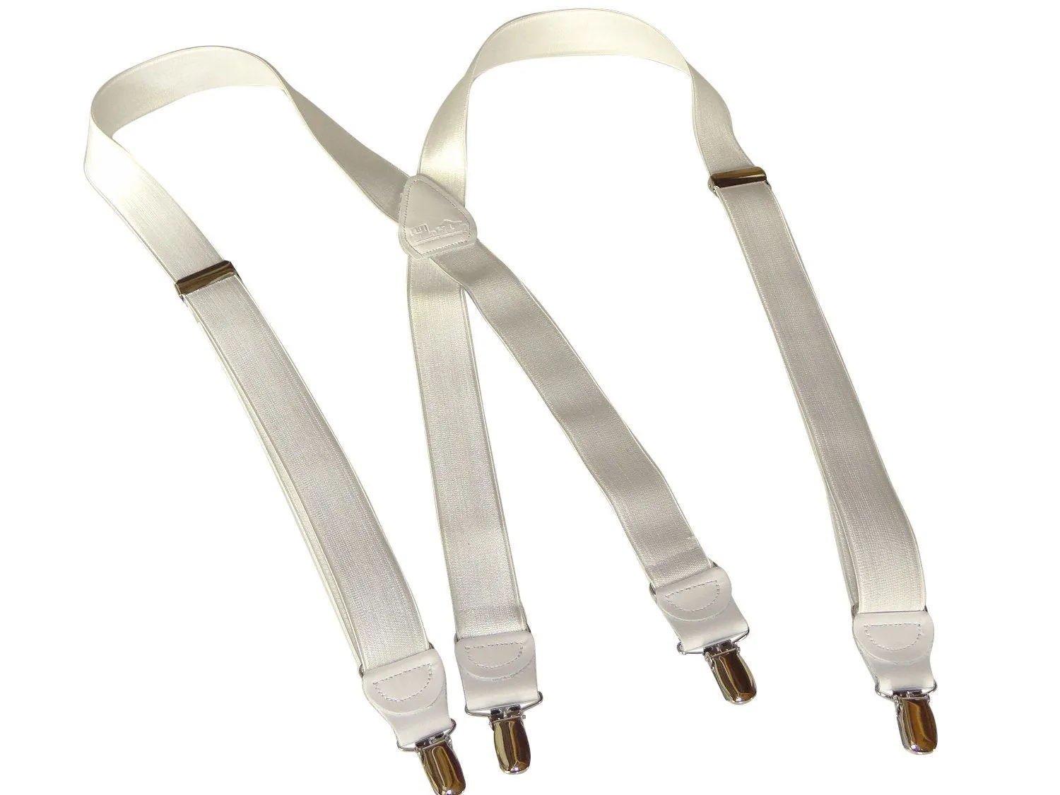 Hold-Ups 1" wide Satin finish White Formal Suspenders X-back USA Patented No-slip gold clips