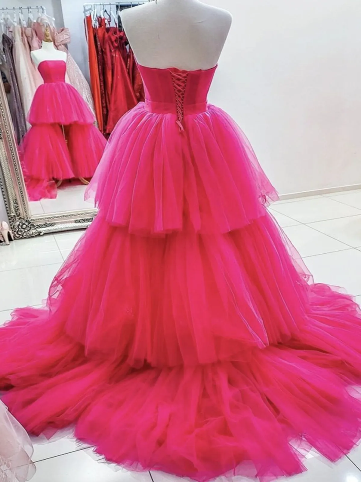 Hot Pink High Low Prom Dresses, Hot Pink High Low Formal Evening Dresses