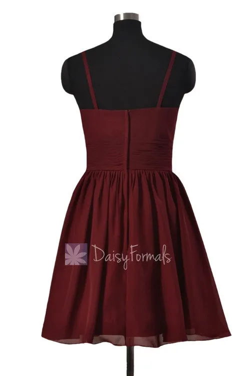 In stock,Ready to Ship - Mini Length Red Chiffon Bridesmaid Dress W/Spaghetti Straps (BM8515N)- (Falu Red)