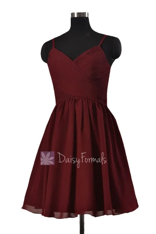 In stock,Ready to Ship - Mini Length Red Chiffon Bridesmaid Dress W/Spaghetti Straps (BM8515N)- (Falu Red)