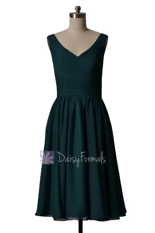 In stock,Ready to Ship - Short Deep V-Neckline Chiffon Bridesmaid Dress (BM5196S) - (Rich Peacock)