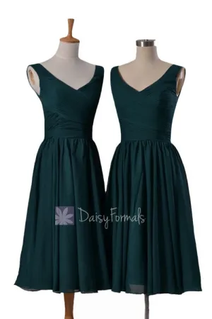 In stock,Ready to Ship - Short Deep V-Neckline Chiffon Bridesmaid Dress (BM5196S) - (Rich Peacock)