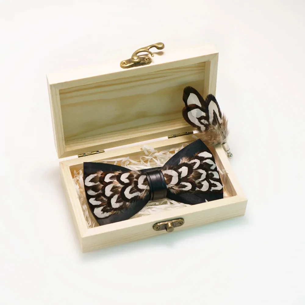 Italian Geometric Feather Bow Tie and Lapel Pin Wooden Box Sets