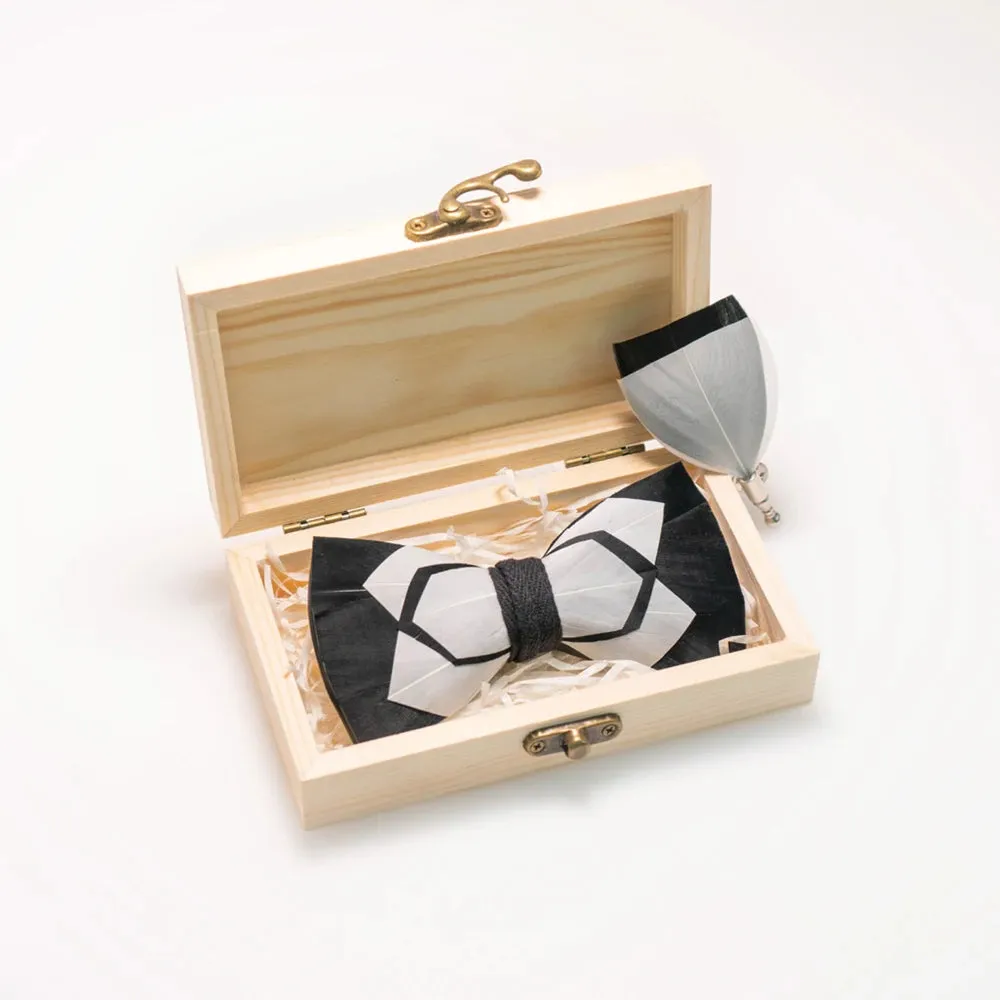 Italian Geometric Feather Bow Tie and Lapel Pin Wooden Box Sets