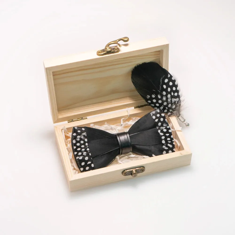 Italian Geometric Feather Bow Tie and Lapel Pin Wooden Box Sets