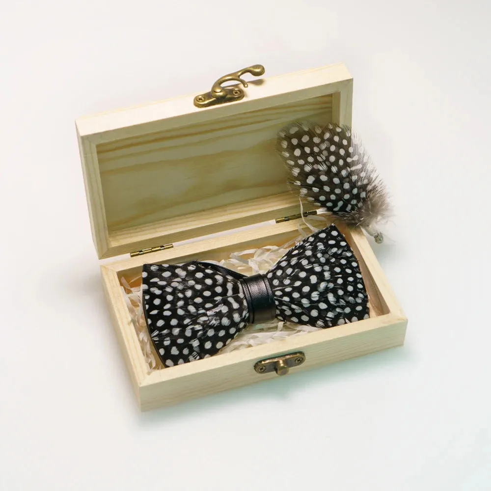 Italian Geometric Feather Bow Tie and Lapel Pin Wooden Box Sets