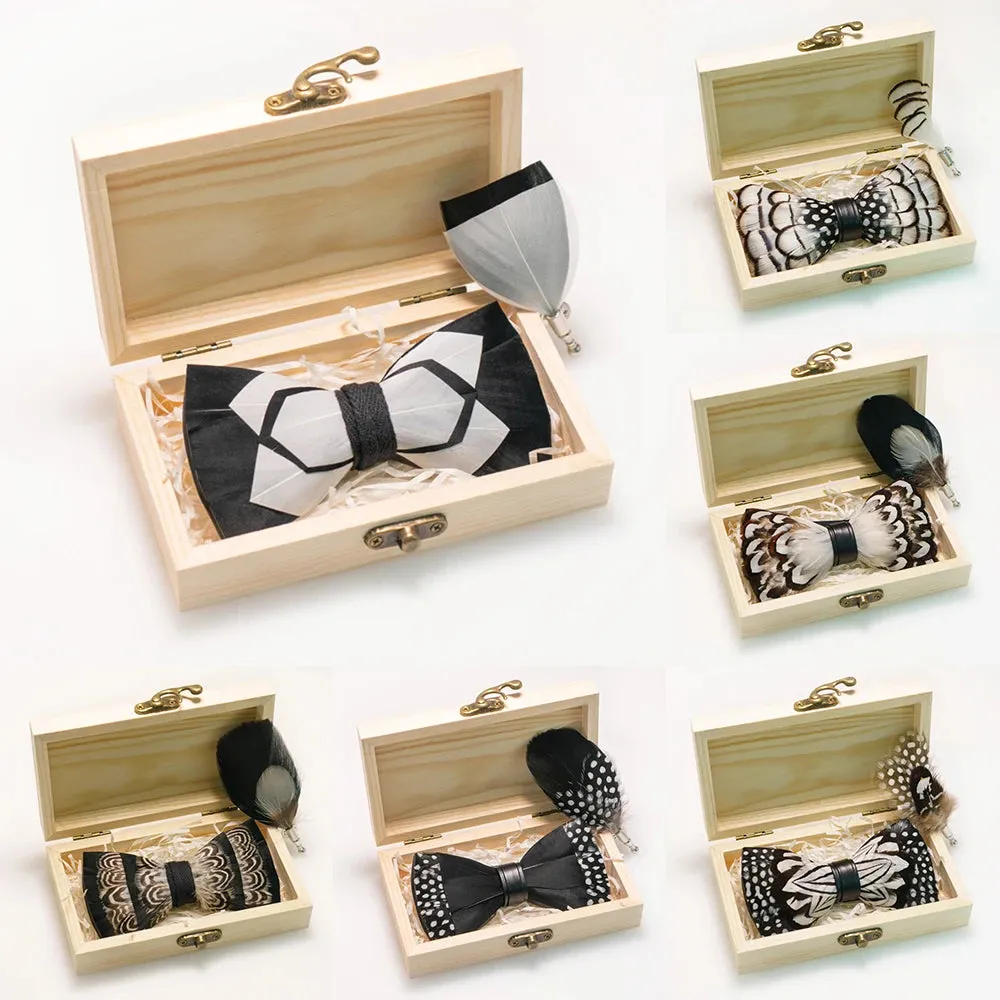 Italian Geometric Feather Bow Tie and Lapel Pin Wooden Box Sets