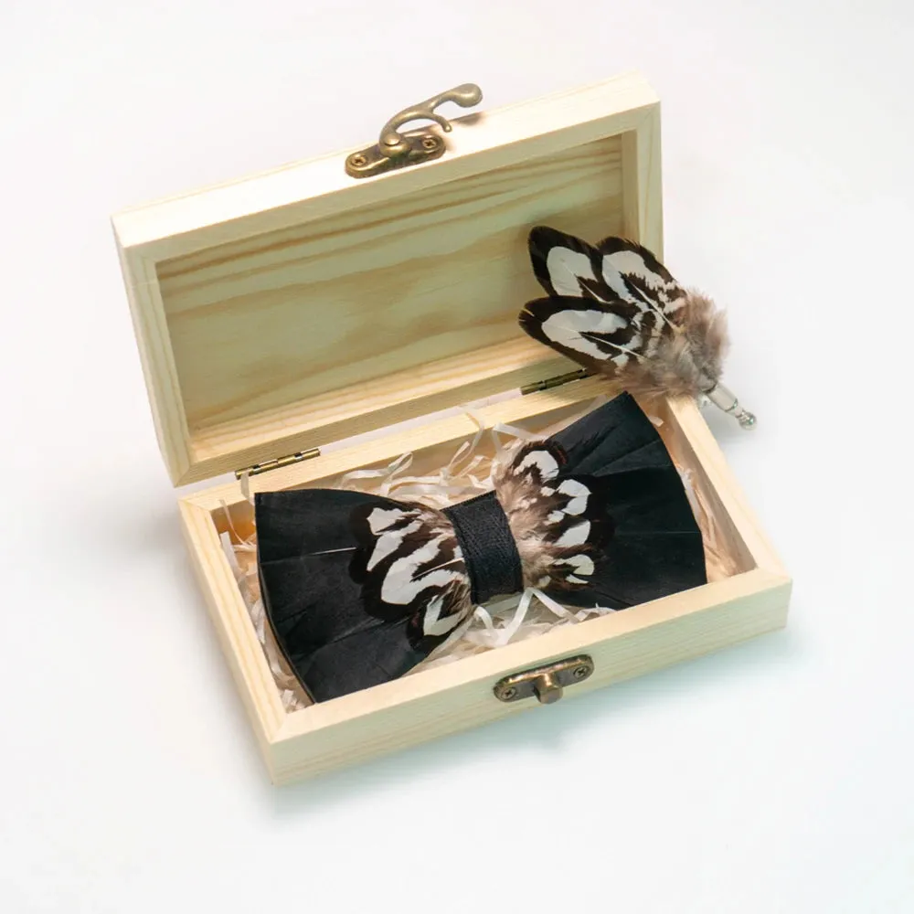 Italian Geometric Feather Bow Tie and Lapel Pin Wooden Box Sets