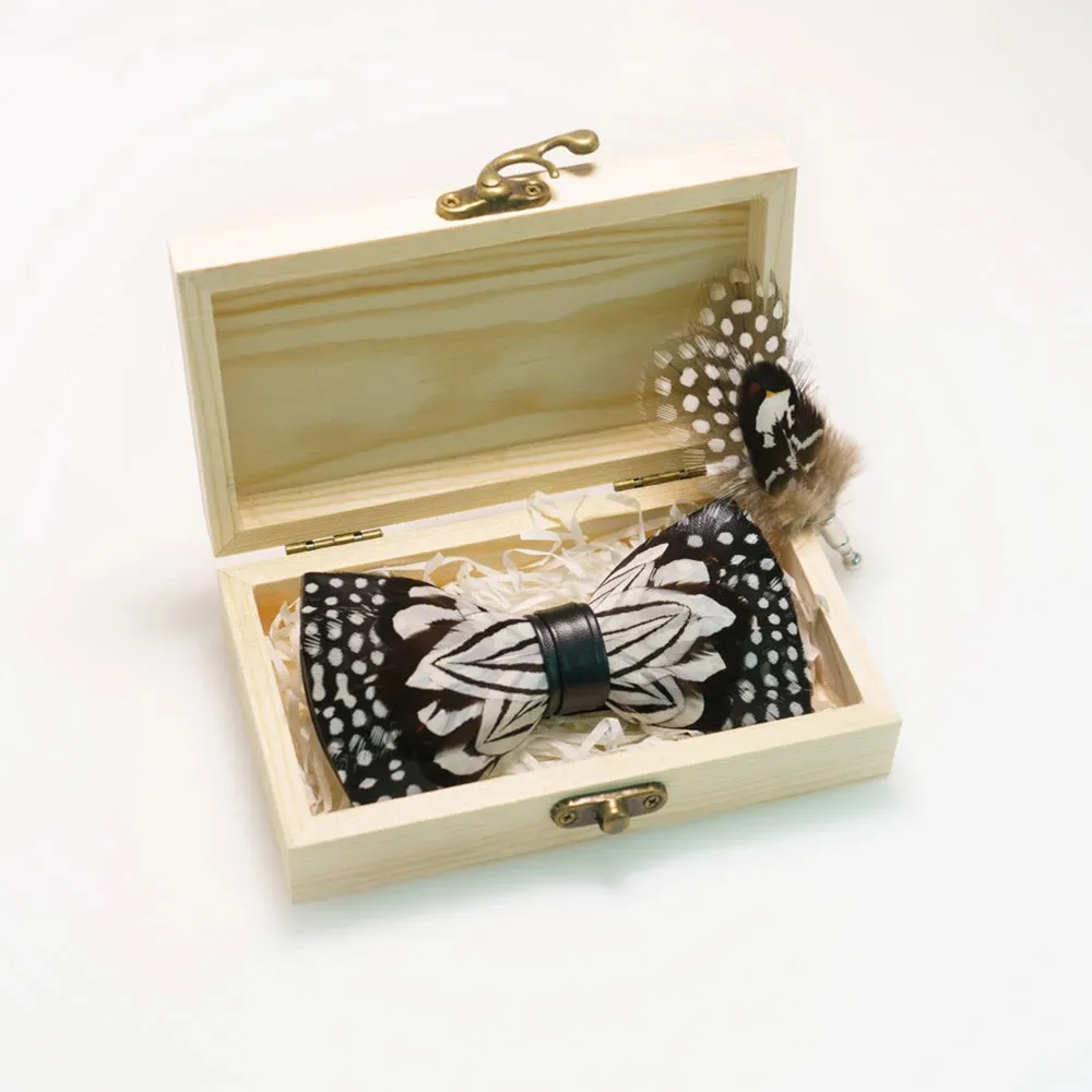 Italian Geometric Feather Bow Tie and Lapel Pin Wooden Box Sets