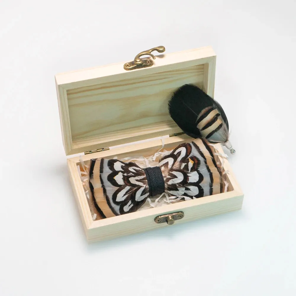 Italian Geometric Feather Bow Tie and Lapel Pin Wooden Box Sets