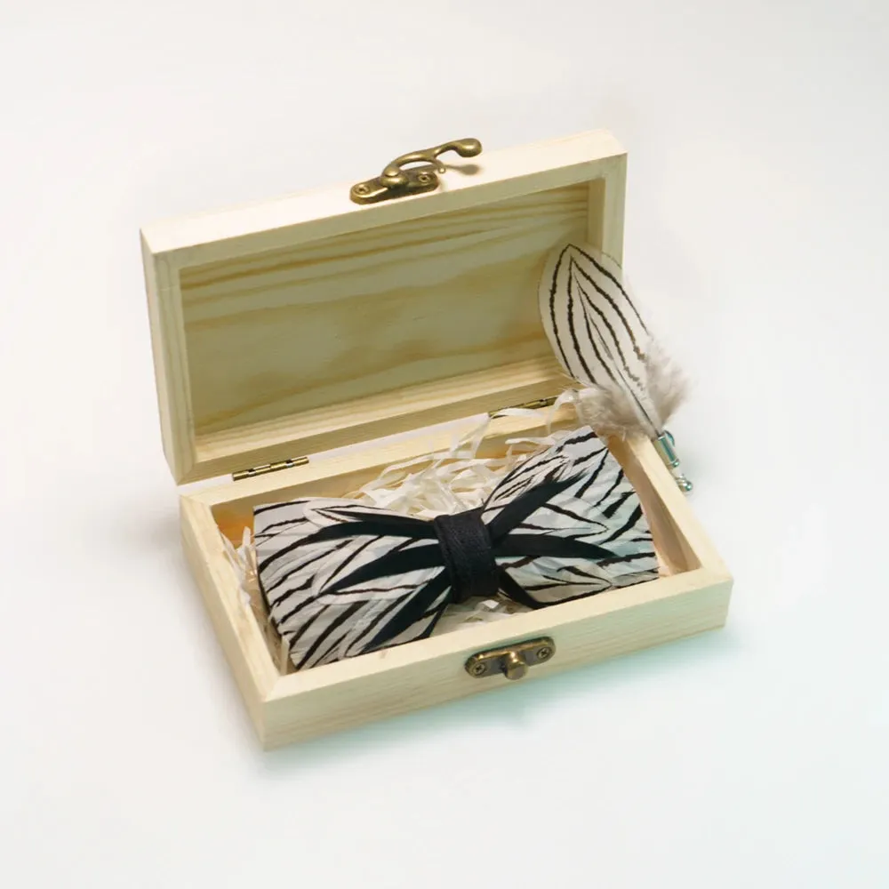 Italian Geometric Feather Bow Tie and Lapel Pin Wooden Box Sets