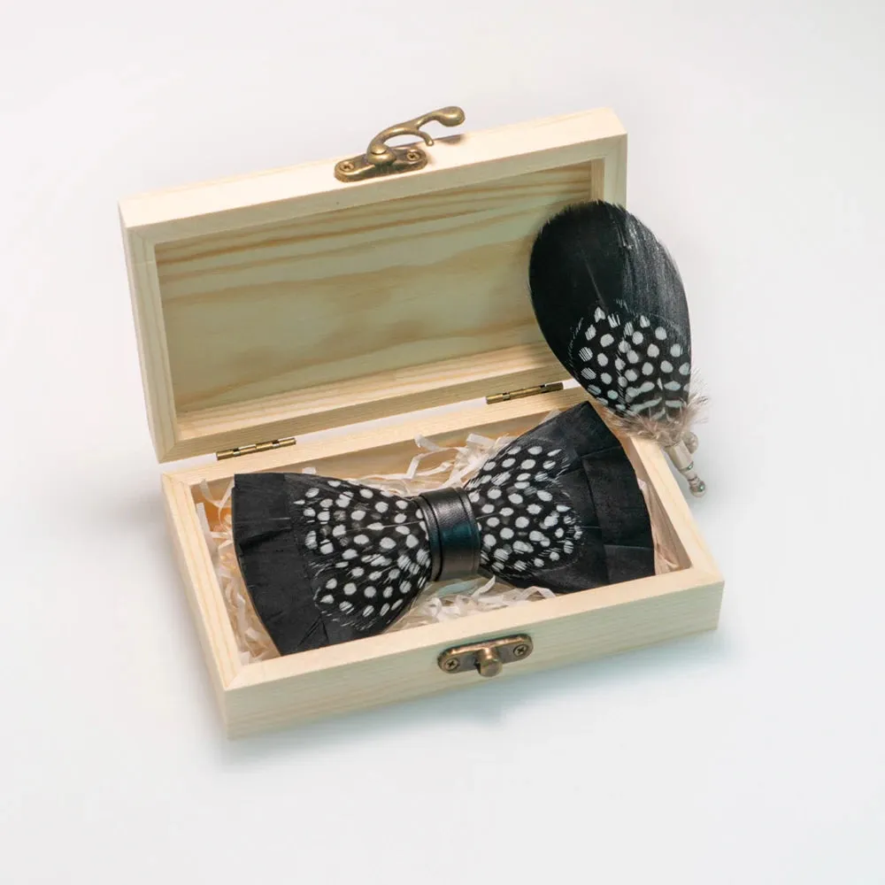 Italian Geometric Feather Bow Tie and Lapel Pin Wooden Box Sets