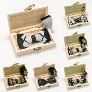 Italian Geometric Feather Bow Tie and Lapel Pin Wooden Box Sets