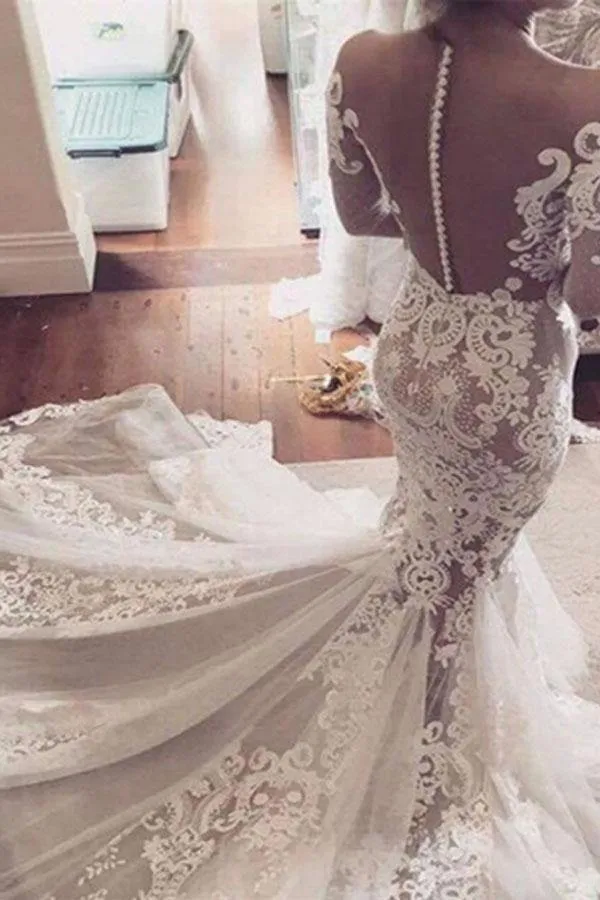 Lace Appliques Mermaid Wedding Dress Long Sleeve Bridal Gown