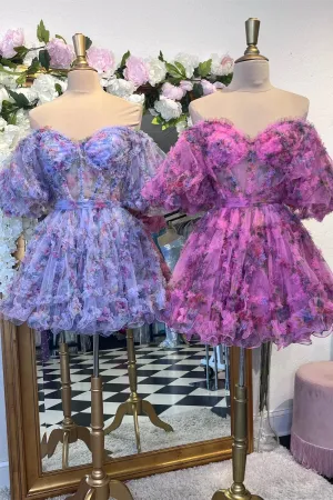 Lavender & Fuchsia Off-the-Shoulder Ruffles Homecoming Dress