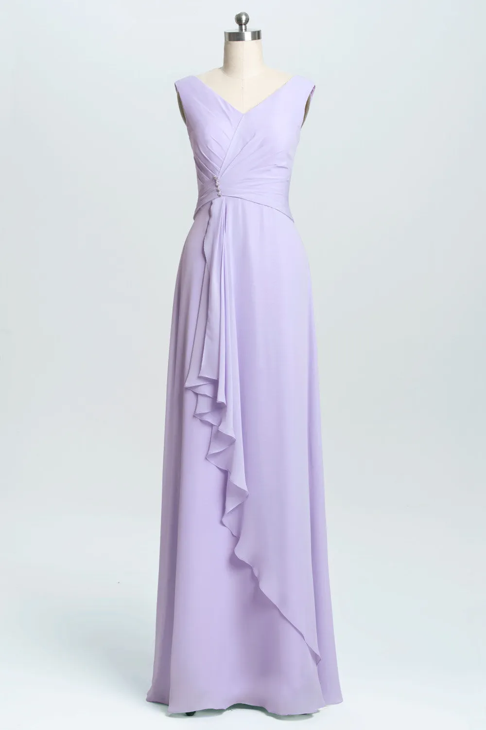 Lavender Chiffon A-line Ruffles Long Bridesmaid Dress