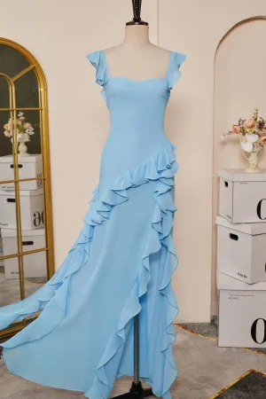 Light Blue Flaunt Sleeves Mermaid Ruffled Long Bridesmaid Dress with Slit