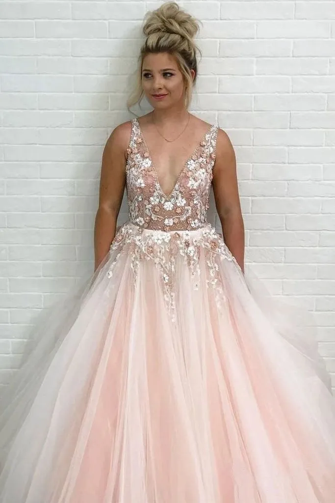 Light Pink V Neck Sleeveless Tulle Prom Dress with Flowers and Beads