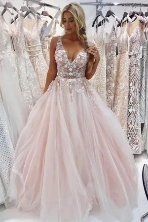 Light Pink V Neck Sleeveless Tulle Prom Dress with Flowers and Beads