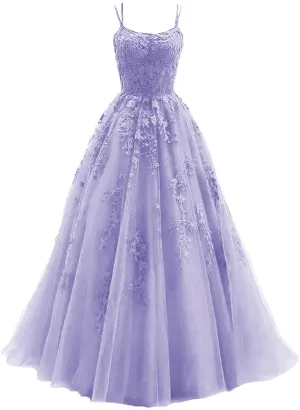 Light Purple Straps Lace-Up Long Formal Dress Light Purple Long Evening Dress Prom Dress