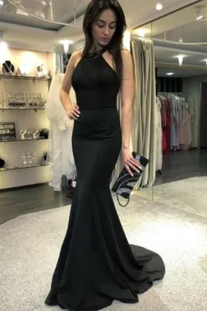 Long Black Mermaid Evening Dresses with Beaded Halter Neckline