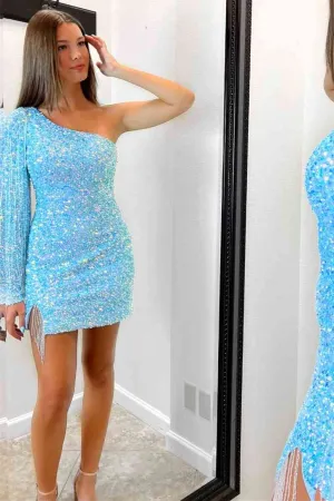 Long Sleeve Fringe Light Blue Mini Homecoming Dress,Pink Bodycon Dresses