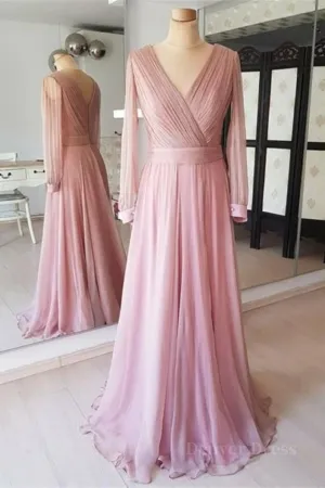 Long Sleeves V Neck Pink Chiffon Long Prom Dress Long Sleeves Pink Bridesmaid Dress Pink Formal Evening Dress