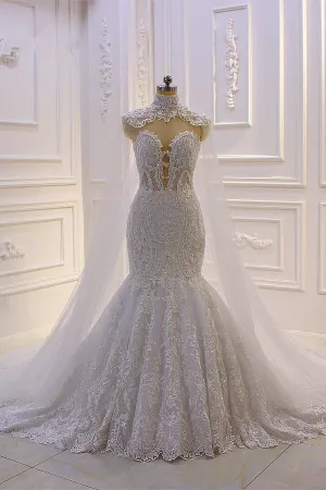 Luxurious 3D Lace Applique High Neck Tulle Mermaid Wedding Dress