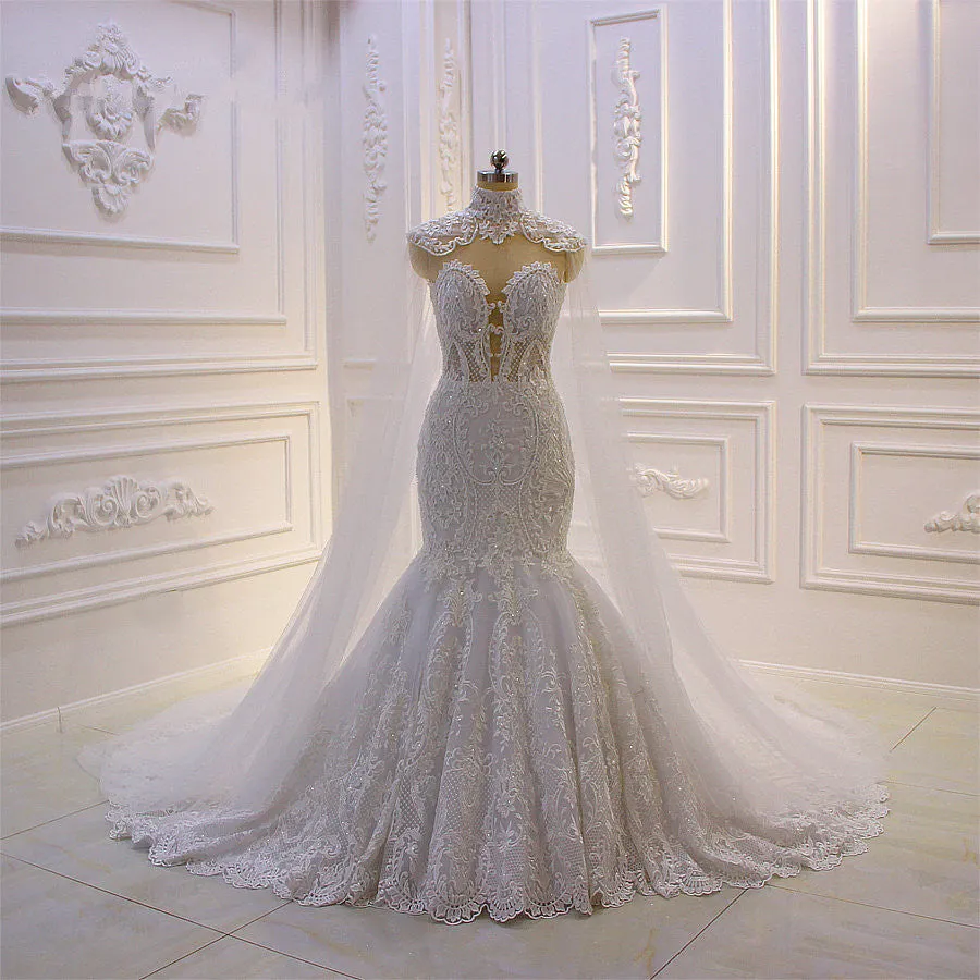 Luxurious 3D Lace Applique High Neck Tulle Mermaid Wedding Dress