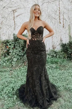 Mermaid Black Lace Long Prom Dresses, StraplessFormal Dress,Women Evening Dress