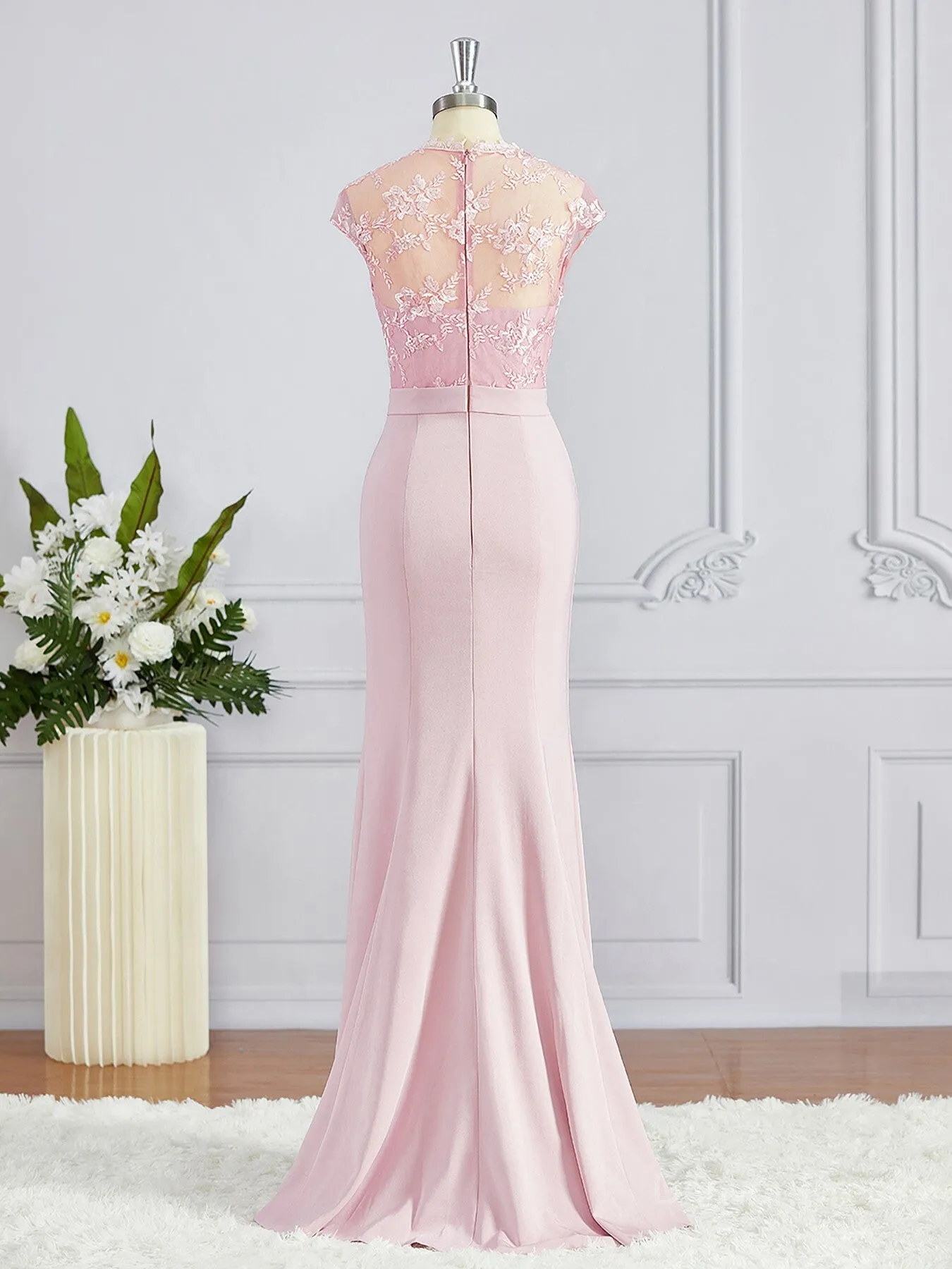 Mermaid High Neck Floor-Length Stretch Crepe Bridesmaid Dresses with Appliques Lace