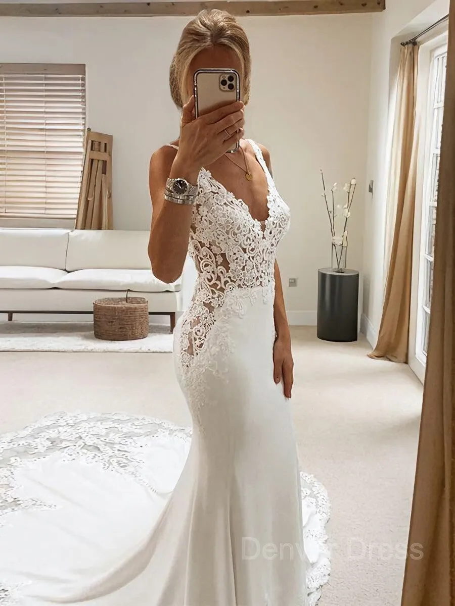 Mermaid V-neck Cathedral Train Stretch Crepe Wedding Dresses With Appliques Lace