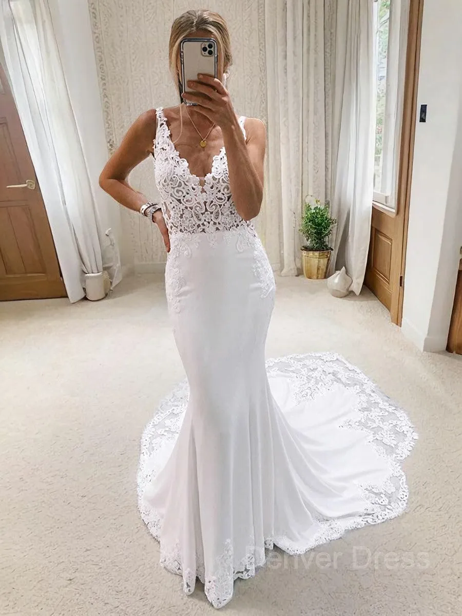 Mermaid V-neck Cathedral Train Stretch Crepe Wedding Dresses With Appliques Lace